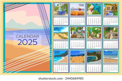 Calendar 2025. Colorful monthly calendar with various southern landscapes. Cover and 12 monthly pages. Week starts on Monday, vector illustration. A4 pages.