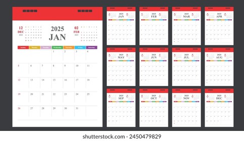 Calendar for 2025 colors background, Corporate design planner template.