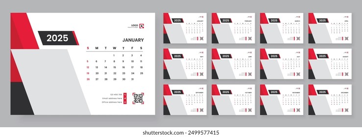 Conjunto de diseño de Plantilla corporativa Calendar 2025. Diseño de planificador mensual en estilo corporativo y empresarial, 12 meses incluido.