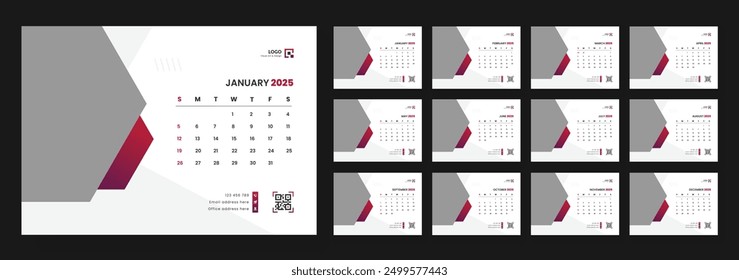 Calendar 2025 corporate template design set. Monthly planner design in corporate and business style, 12 months included.