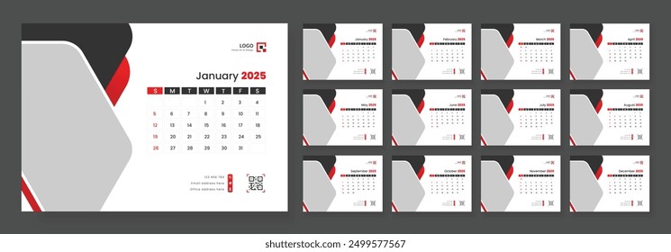 Calendar 2025 corporate template design set. Monthly planner design in corporate and business style, 12 months included.