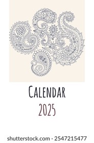 Calendar 2025 cover page template with monochrome black and white paisley decoration.