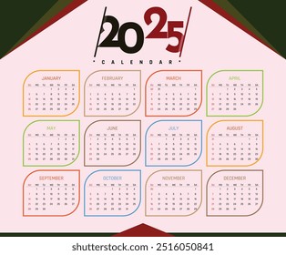 calendar 2025 Creative horizontal calendar 2025 in English Days weeks and months Print vector