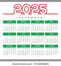 calendar 2025 Creative horizontal calendar 2025 in English Days weeks and months Print vector