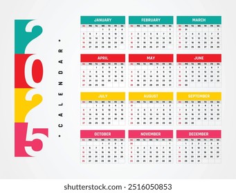 calendário 2025 Calendário criativo horizontal 2025 em Inglês Dias semanas e meses Vetor de impressão
