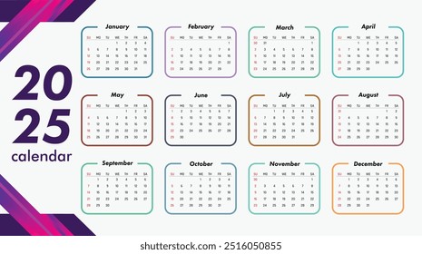 calendar 2025 Creative horizontal calendar 2025 in English Days weeks and months Print vector