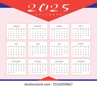 calendar 2025 Creative horizontal calendar 2025 in English Days weeks and months Print vector