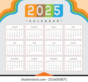 calendar 2025 Creative horizontal calendar 2025 in English Days weeks and months Print vector