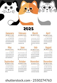 Calendar for 2025 with cute cats on white background. Week starts on Monday. Vector illustration in vertical format A4, A5.