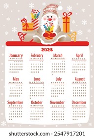 Calendar for 2025 with cute gnome sitting with gifts. Week starts on Monday. Vector illustration in vertical format A4, A5.