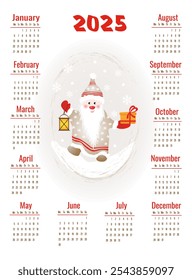 Calendar for 2025 with cute gnome, walking in the snow with a flashlight and a gift. Week starts on Monday. Vector illustration in vertical format A4, A5.