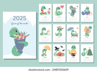 Calendar 2025 with a cute snake, symbol of the year. Cover and 12 month pages with seasonal vector cute illustrations. Week starts on Monday, vertical pages, A4 format.
