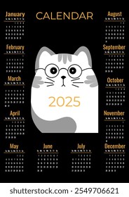 Calendario para 2025 con lindo gato blanco sobre fondo negro. La semana comienza el domingo. Ilustración vectorial en formato de Vertical A4, A5.