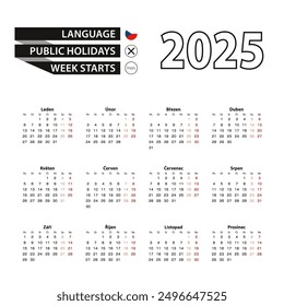 Calendar 2025 in Czech language, week starts on Monday. Vector calendar 2025 year.