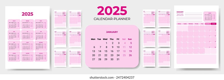 Calendar 2025 for daily planner in pink color with the beginning of the week on Monday. Vector template