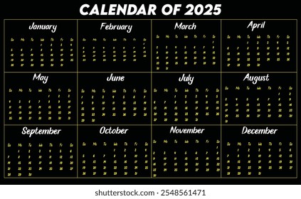 Calendar of 2025. Design a calendar for 2025. Eye catching calendar for 2025. 