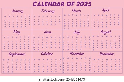 Calendar of 2025. Design a calendar for 2025. Eye catching calendar for 2025. 