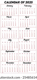 Calendar of 2025. Design a calendar for 2025. Eye catching calendar for 2025. 