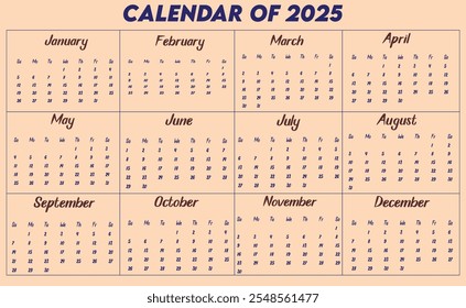 Calendar of 2025. Design a calendar for 2025. Eye catching calendar for 2025. 