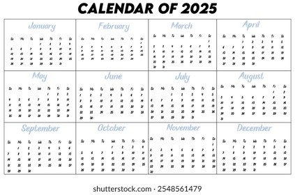 Calendar of 2025. Design a calendar for 2025. Eye catching calendar for 2025. 