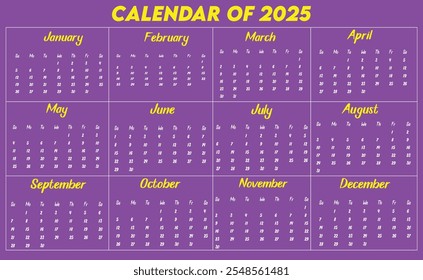 Calendar of 2025. Design a calendar for 2025. Eye catching calendar for 2025. 