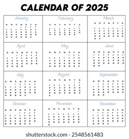 Calendar of 2025. Design a calendar for 2025. Eye catching calendar for 2025. 
