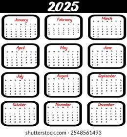 Calendar of 2025. Design a calendar for 2025. Eye catching calendar for 2025. 