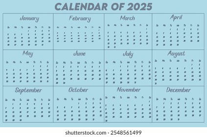 Calendar of 2025. Design a calendar for 2025. Eye catching calendar for 2025. 