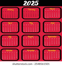 Calendar of 2025. Design a calendar for 2025. Eye catching calendar for 2025. 