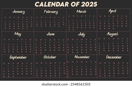 Calendar of 2025. Design a calendar for 2025. Eye catching calendar for 2025. 