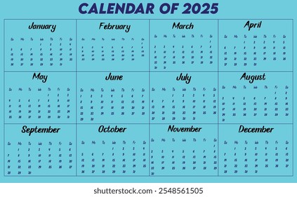 Calendar of 2025. Design a calendar for 2025. Eye catching calendar for 2025. 