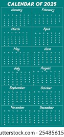 Calendar of 2025. Design a calendar for 2025. Eye catching calendar for 2025. 