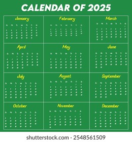 Calendar of 2025. Design a calendar for 2025. Eye catching calendar for 2025. 