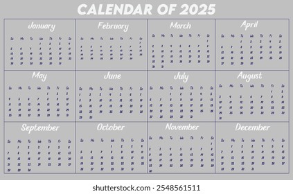 Calendar of 2025. Design a calendar for 2025. Eye catching calendar for 2025. 