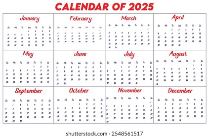 Calendar of 2025. Design a calendar for 2025. Eye catching calendar for 2025. 