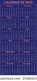 Calendar of 2025. Design a calendar for 2025. Eye catching calendar for 2025. 