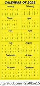 Calendar of 2025. Design a calendar for 2025. Eye catching calendar for 2025. 