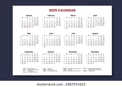 Calendar 2025 design illustration landscape orientation. International Calendar for the year 2025 with several holidays date