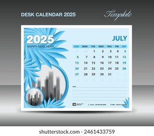 Calendar 2025 design- July 2025 template, Desk Calendar 2025 template blue flowers nature concept, planner, Wall calendar creative idea, advertisement, printing template, vector eps10
