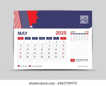 Calendario 2025 diseño , Plantilla de mayo 2025, calendario de mesa 2025 año, concepto de fondo de la bandera de Estados Unidos, diseño de calendario de pared, publicidad, impresión, Vector de Plantilla de negocios eps10