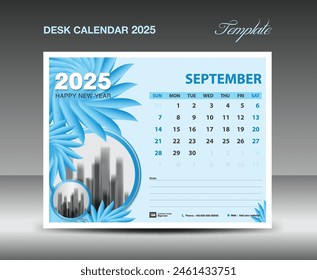 Calendario 2025 diseño - septiembre 2025 Plantilla, Calendario de escritorio 2025 Plantilla flores azules concepto de la naturaleza, planificador, idea creativa de calendario de pared, publicidad, Plantilla de impresión, Vector eps10