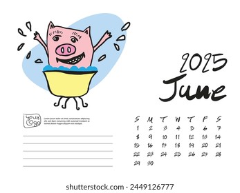 Calendar 2025 design template with Cute Pig vector illustration, June 2025, Lettering, Desk calendar 2025 layout, planner, wall calendar template, pig cartoon character, holiday event