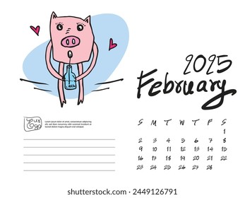 Calendario 2025 Plantilla de diseño con Ilustración vectorial de cerdo lindo, febrero 2025, Letras, Diseño de calendario de escritorio 2025, planificador, calendario de pared Plantilla, personaje de dibujos animados de cerdo, evento de vacaciones