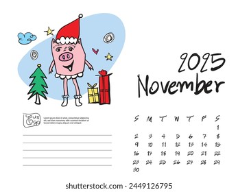 Calendar 2025 design template with Cute Pig vector illustration, November 2025, Lettering, Desk calendar 2025 layout, planner, wall calendar template, pig cartoon character, holiday event