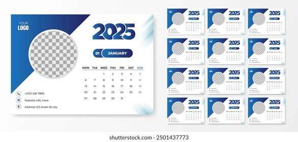 Calendar 2025 design template, desk calendar grid in minimalist style. Weeks starts on Monday.