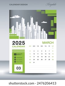 Calendar 2025 design template- March 2025 year layout, vertical calendar design, Desk calendar template, Wall calendar 2025 template, Planner, week starts on sunday, green background vector