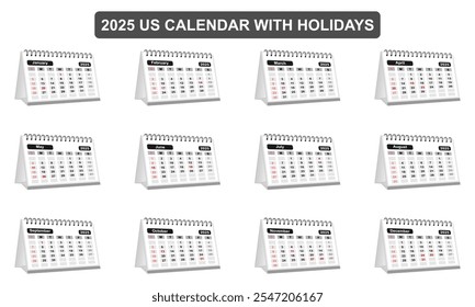 Calendário 2025, calendário de mesa 2025 conjunto ilustração vetorial isolado no fundo branco.