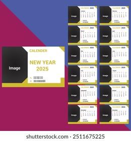 calendar, 2025, desk, template, month, wall, horizontal, 12, design, vector, planner, monday, business, office, frame, table, layout, typography, red, holiday, 