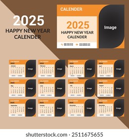 calendar, 2025, desk, template, month, wall, horizontal, 12, design, vector, planner, monday, business, office, frame, table, layout, typography, red, holiday, corporate, cover, event, number, 