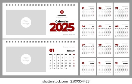 Calendar 2025. Desktop calendar template. Free space for logo and image. Horizontal, page size 210x100mm, English